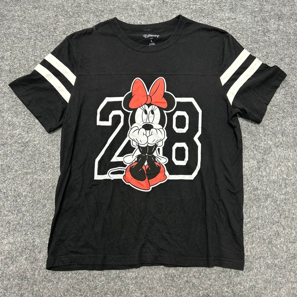 Disney T-Shirt Womens Size L Black Minnie Mouse Graphic Athletic Striped Sleeve